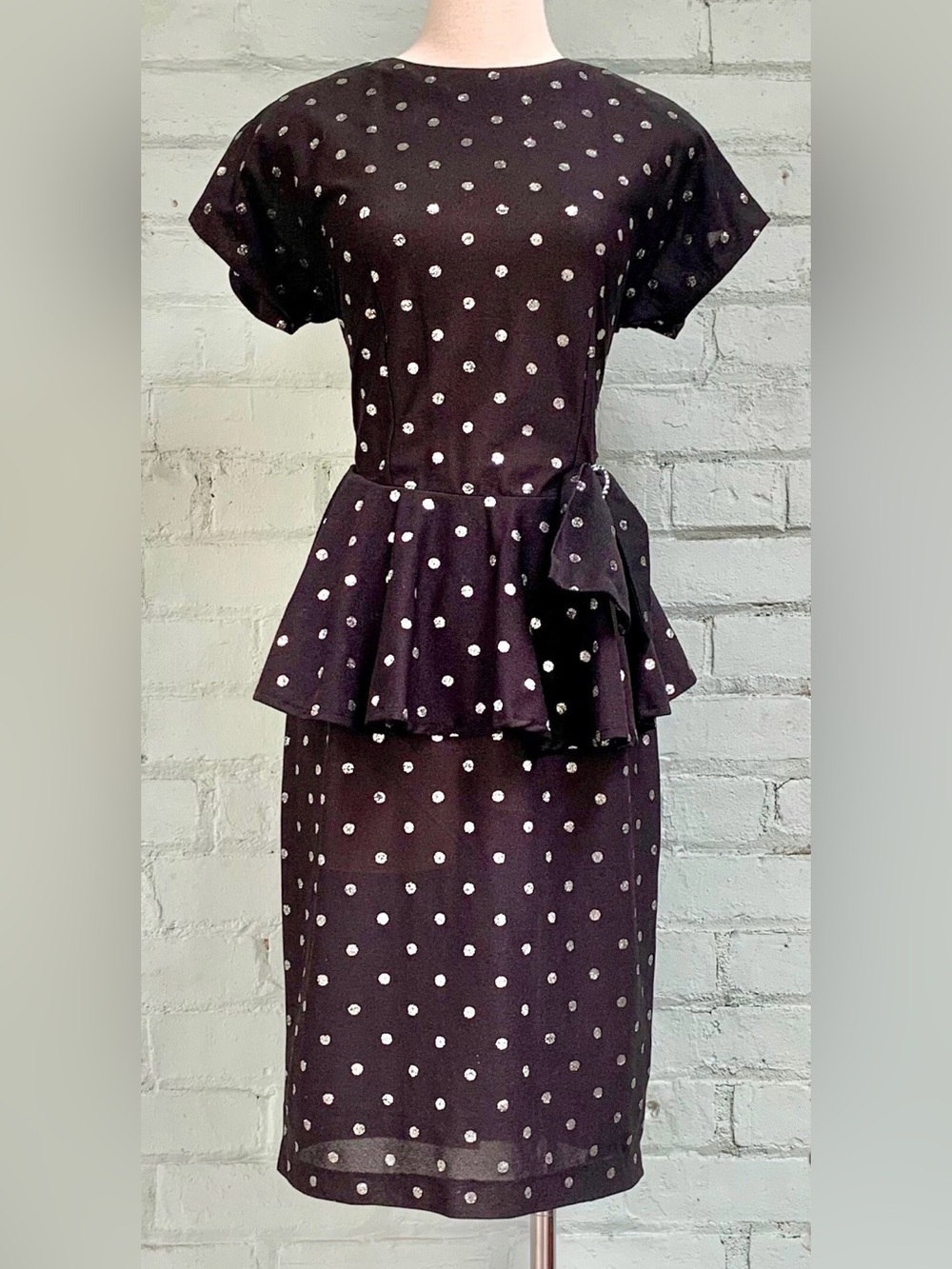 Vintage Polka Dot Peplum Midi Dress in Black and Silver